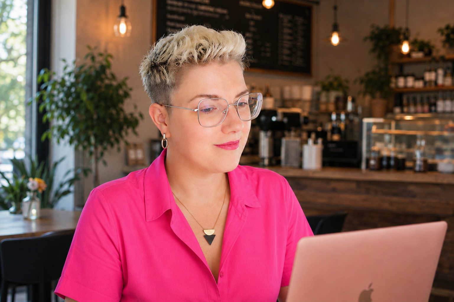 Kim Pinelli working focused at her laptop in a café